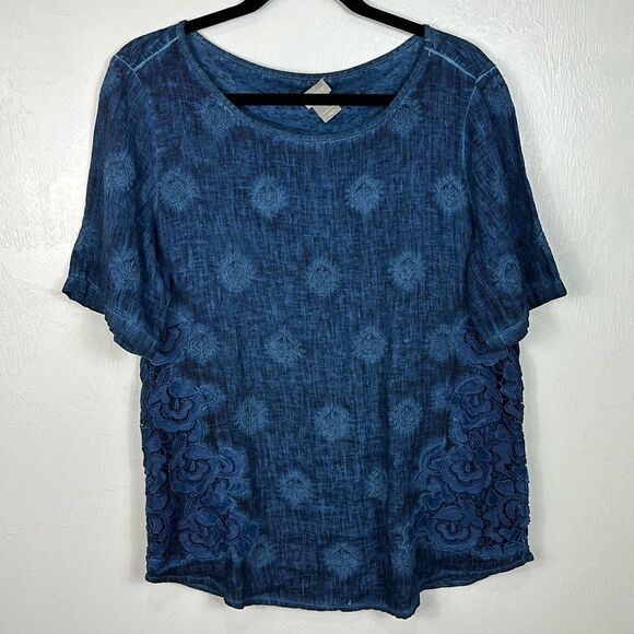 Chico’s Blue Embroidered Linen Relaxed Fit Top Blouse Size 8/10 - Picture 3 of 11